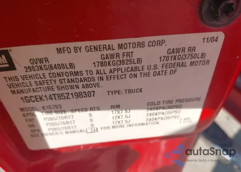 2005 Chevrolet Silverado 1500 Z71 z USA, uszkodzony, nr VIN 1GCEK14T85Z198307